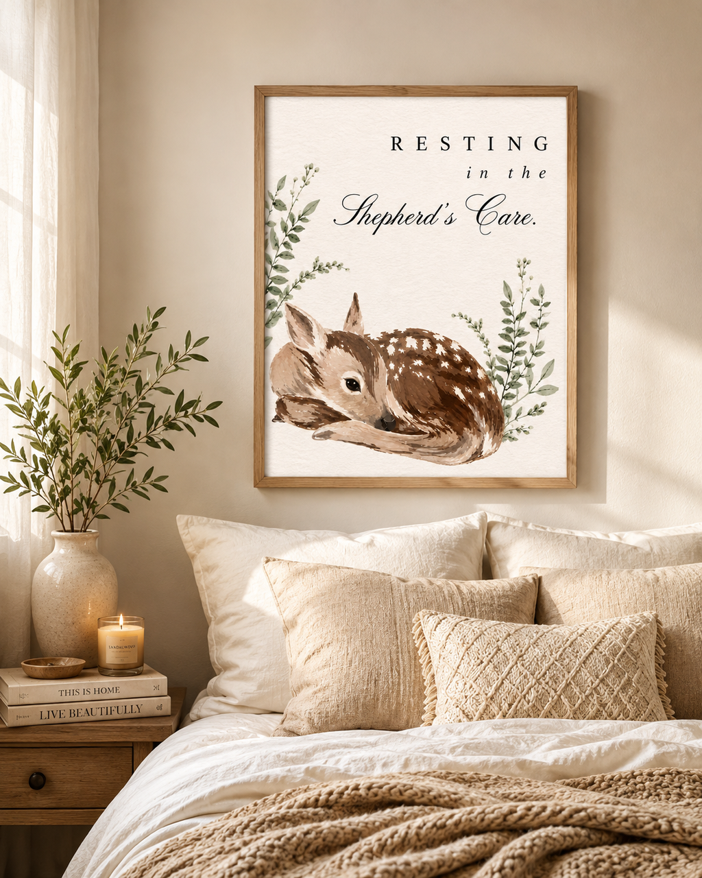 Christian bedroom wall art printable featuring Resting in the Shepherd's Care watercolor deer design