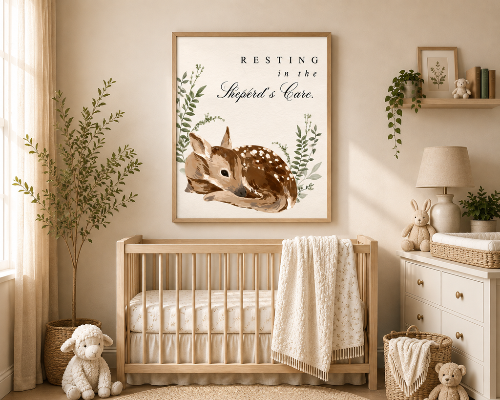 Christian nursery wall art with sleeping baby deer and Resting in the Shepherd's Care faith design