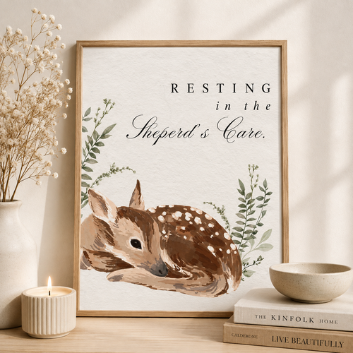Christian nursery wall art printable with resting deer and Shepherd's Care faith inspired design