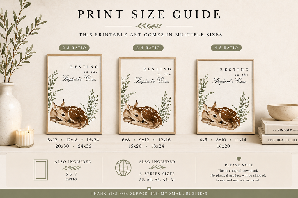 Christian printable wall art size guide for Resting in the Shepherd's Care digital download
