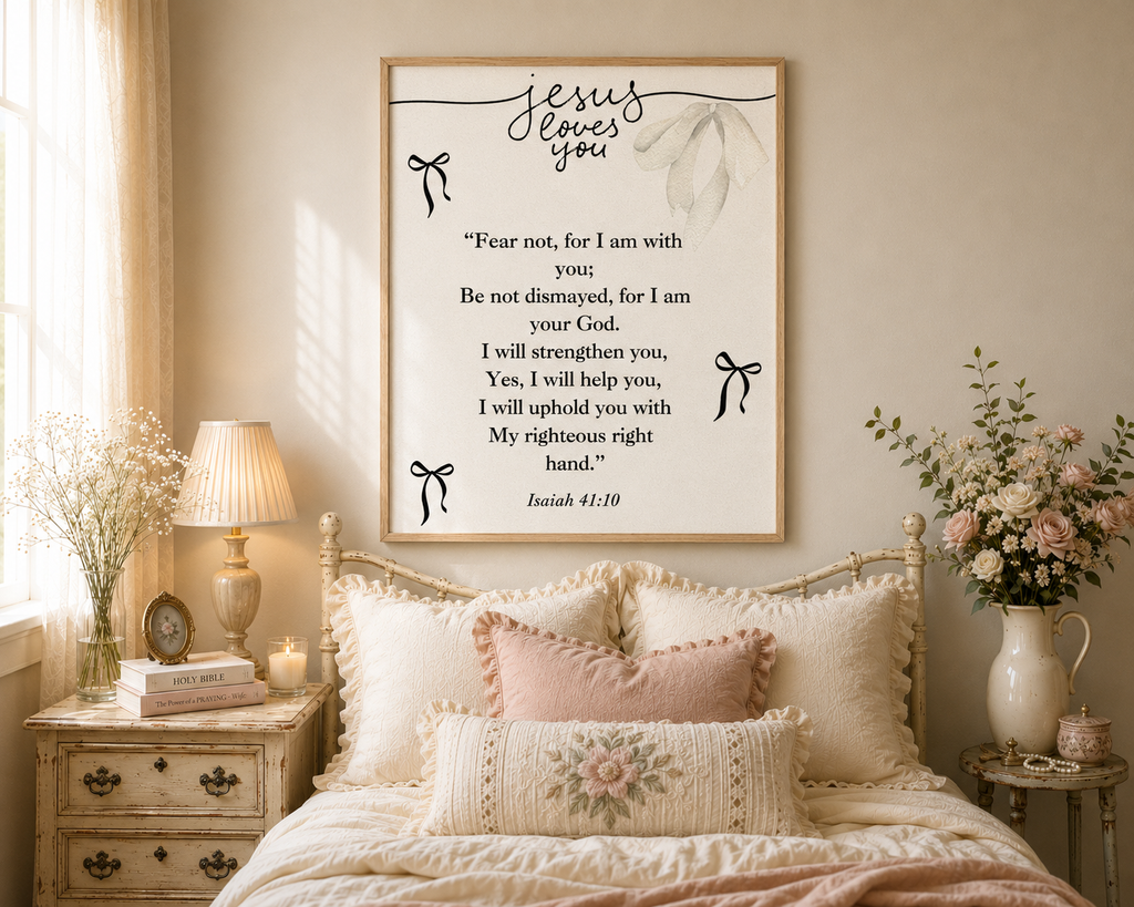 Isaiah 41:10 Christian bedroom wall art printable with Jesus Loves You Scripture design