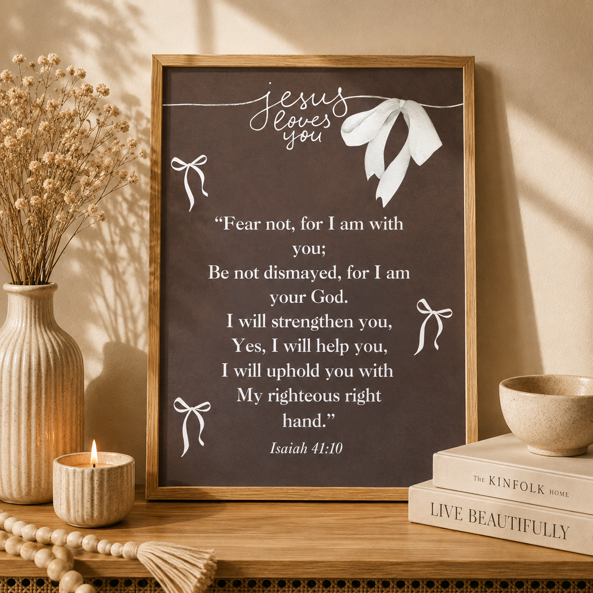 Chocolate brown Isaiah 41:10 printable Christian wall art with Jesus Loves You Scripture design