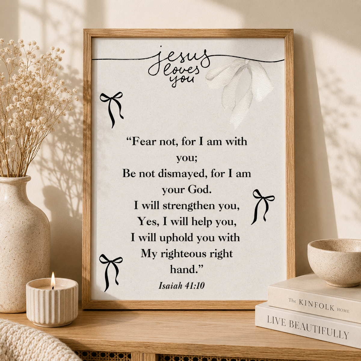 Light grey Isaiah 41:10 printable Christian wall art with Jesus Loves You Scripture design