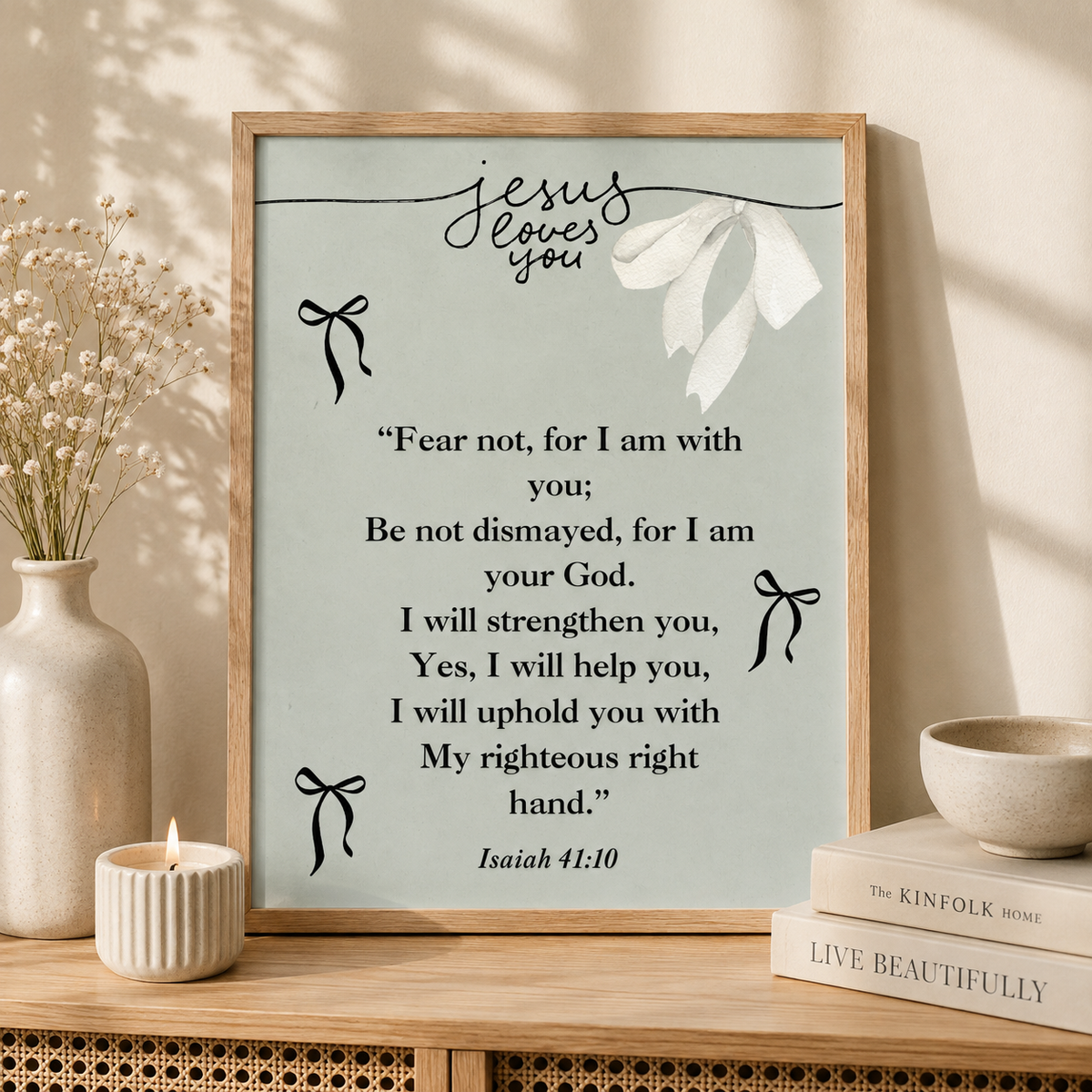 Pastel green Isaiah 41:10 Christian printable wall art with Jesus Loves You Bible verse design