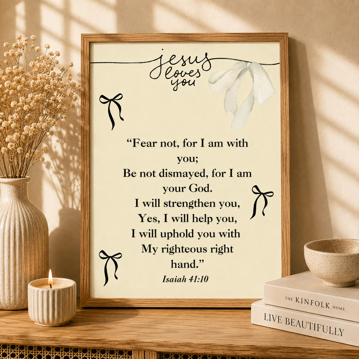 Pastel yellow Isaiah 41:10 printable Christian wall art with Jesus Loves You Scripture design