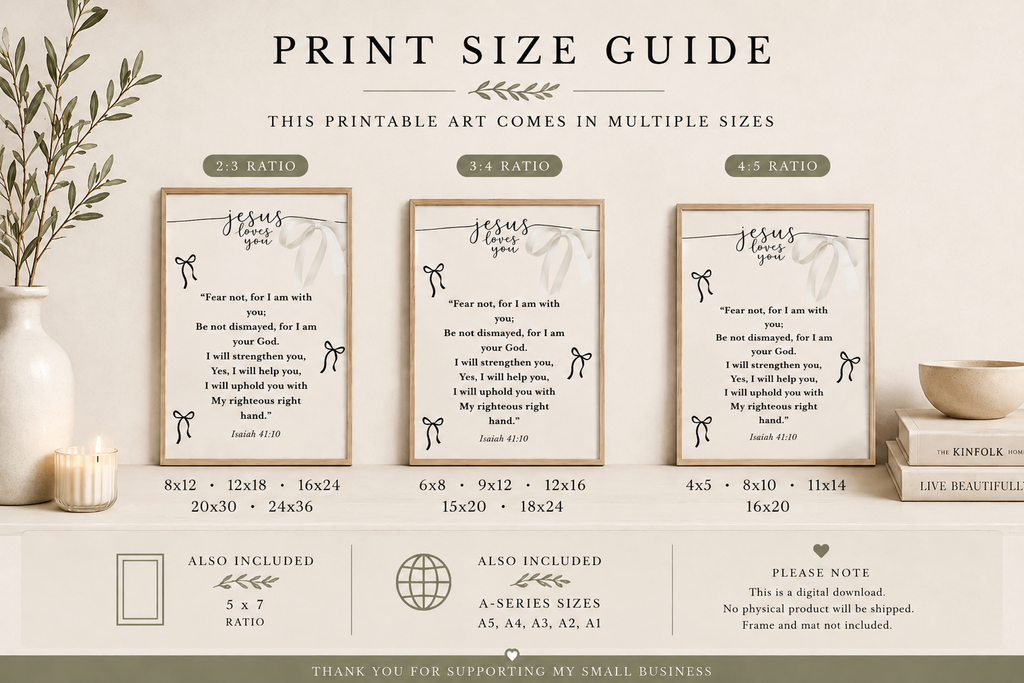 Isaiah 41:10 printable Christian wall art size guide for Bible verse digital download
