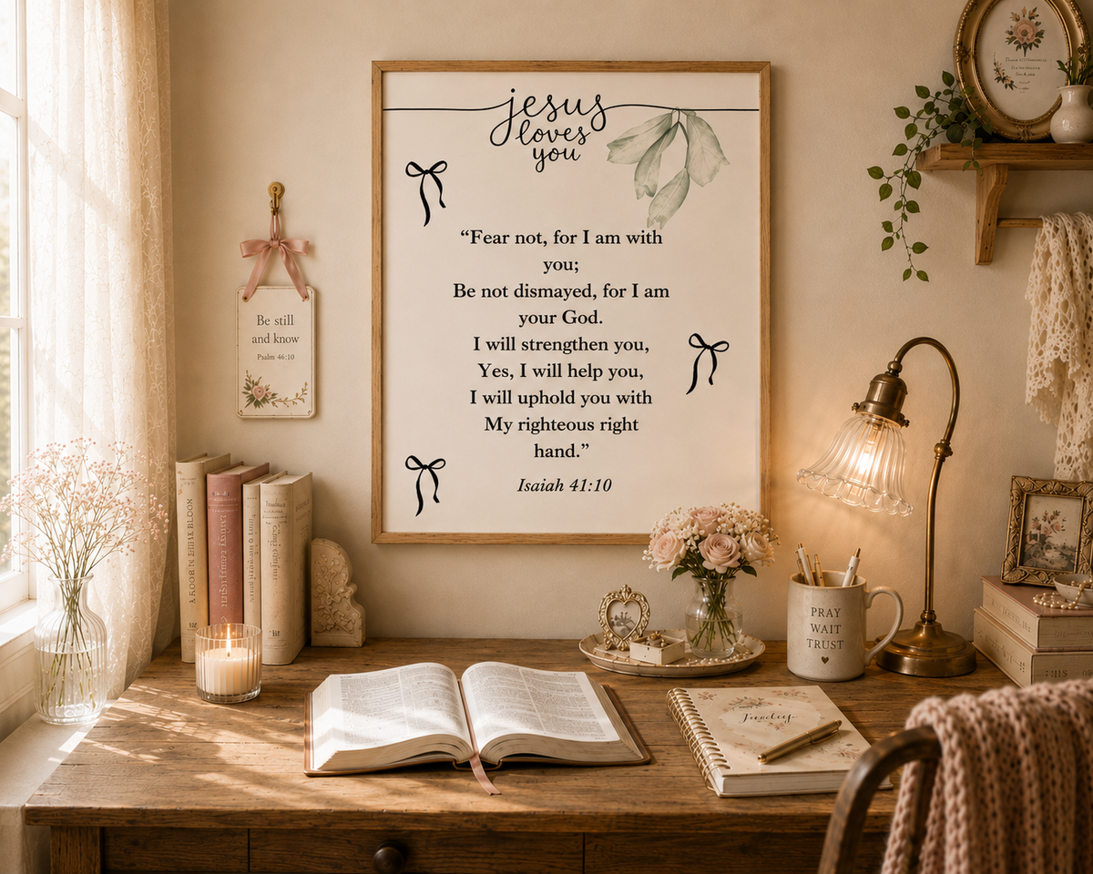 Jesus Loves You Christian printable wall art with Isaiah 41:10 Bible verse for bedroom decor