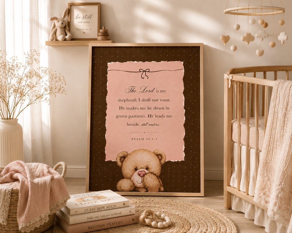 Psalm 23 Christian nursery wall art printable with teddy bear Bible verse decor