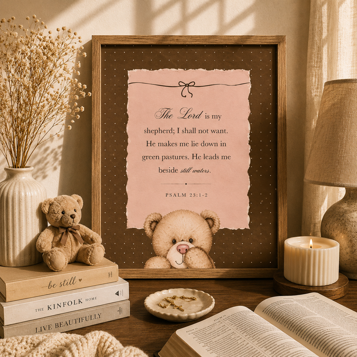 Psalm 23 printable Christian wall art with teddy bear Bible verse design in chocolate brown