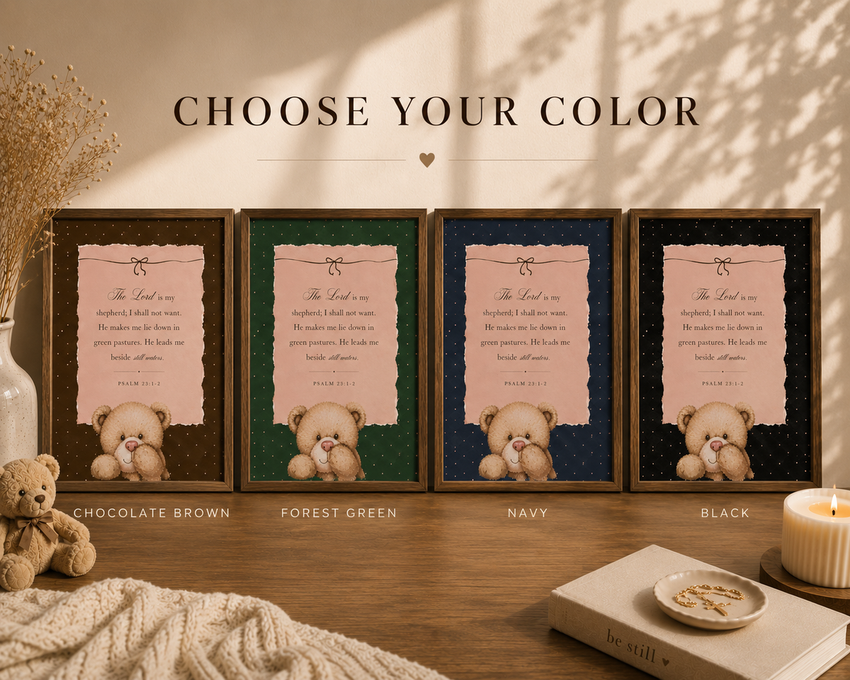 Psalm 23 Christian printable wall art color options in chocolate brown forest green navy and black