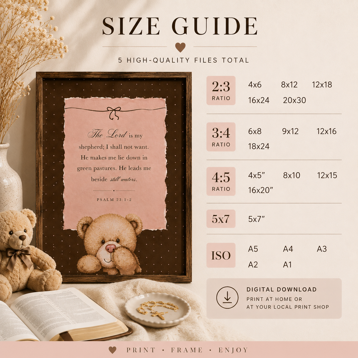 Psalm 23 printable Christian wall art size guide for Bible verse digital download