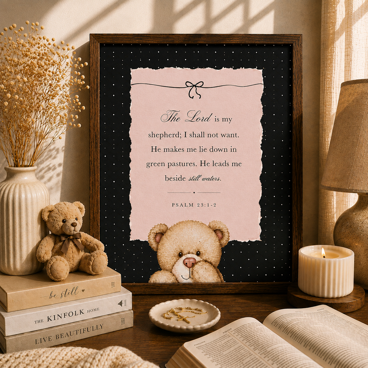Black Psalm 23 printable Christian wall art with teddy bear Scripture design