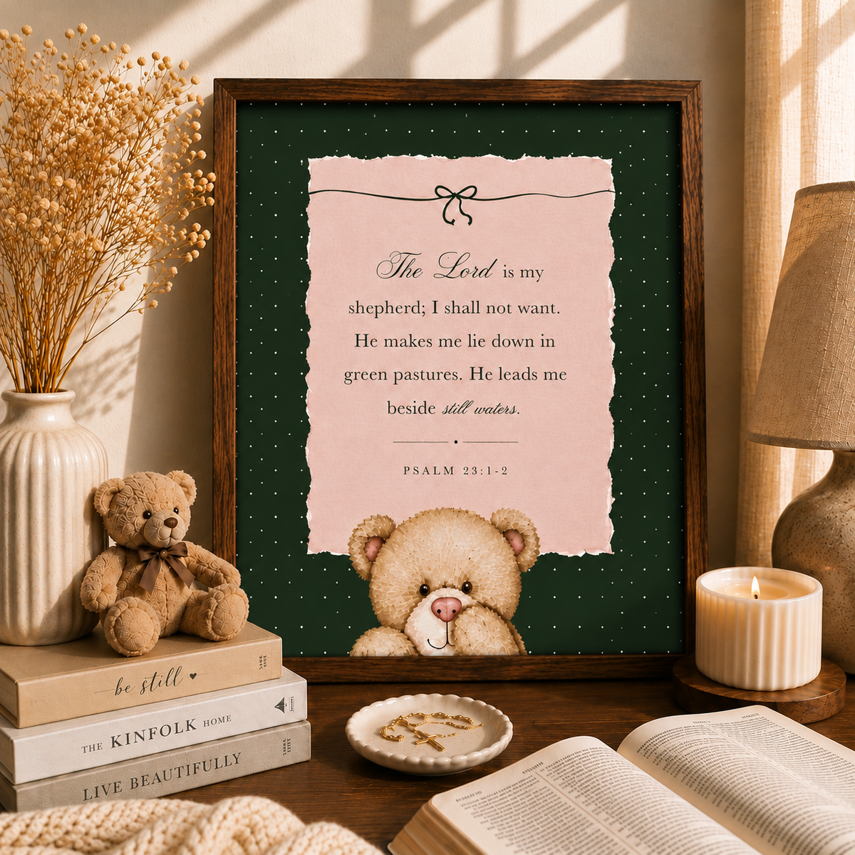 Forest green Psalm 23 printable Christian wall art with teddy bear Scripture design