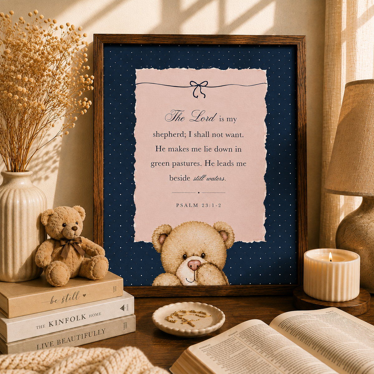 Navy Psalm 23 printable Christian wall art with teddy bear Bible verse design