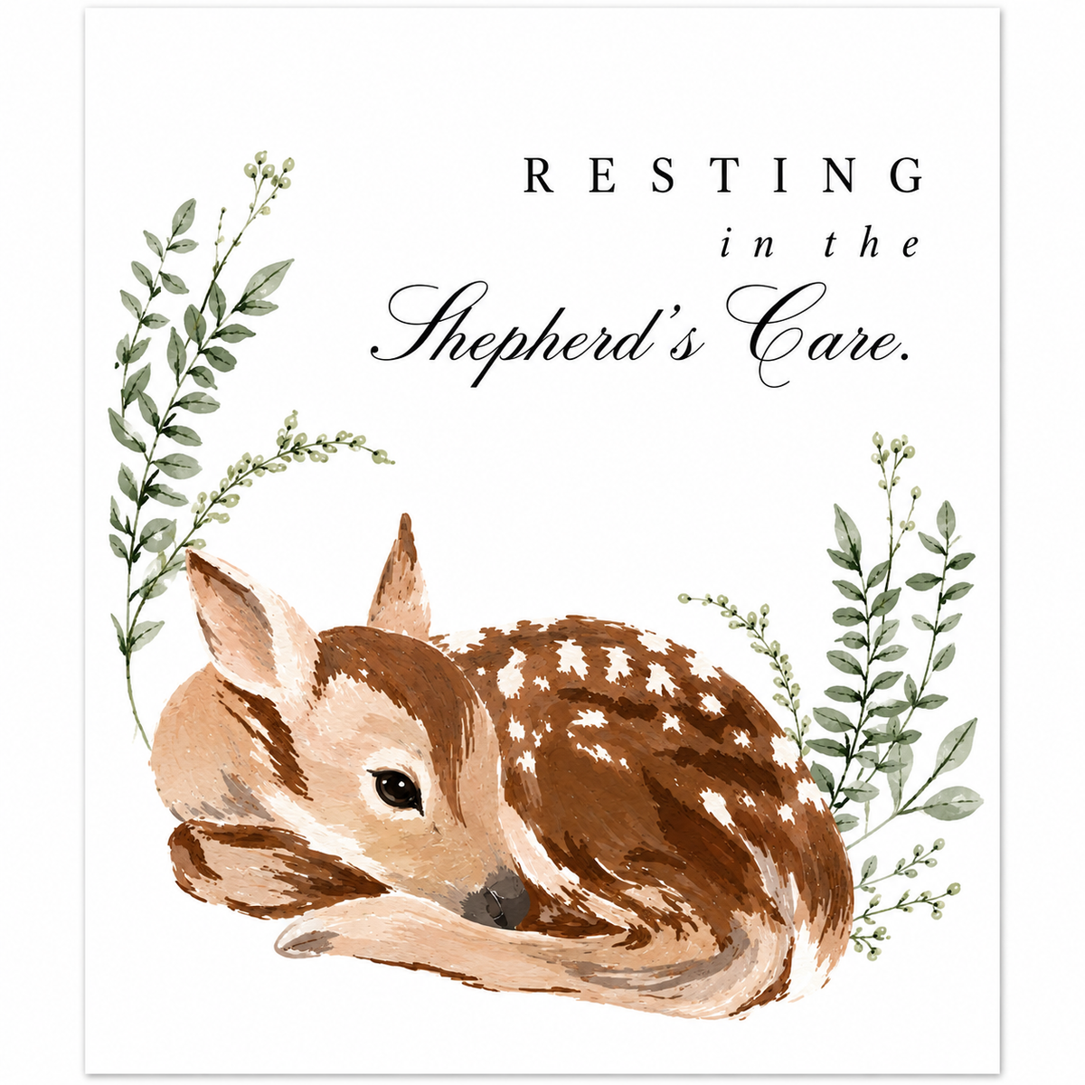 Resting in the Shepherd's Care Christian printable wall art with watercolor baby deer and greenery