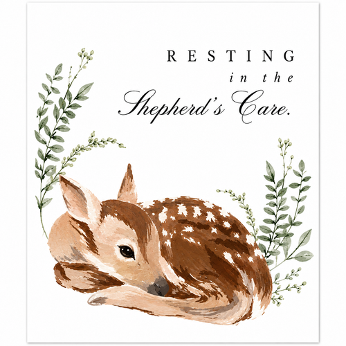 Resting in the Shepherd's Care Christian printable wall art with watercolor baby deer and greenery