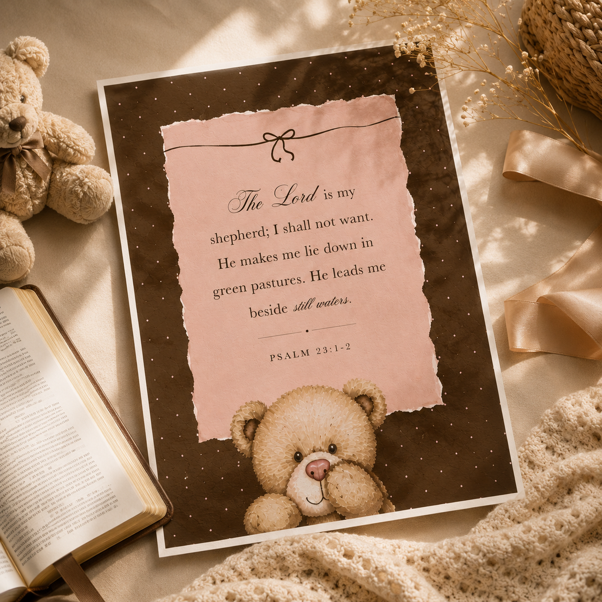 The Lord Is My Shepherd Psalm 23 printable Bible verse wall art with vintage teddy bear design